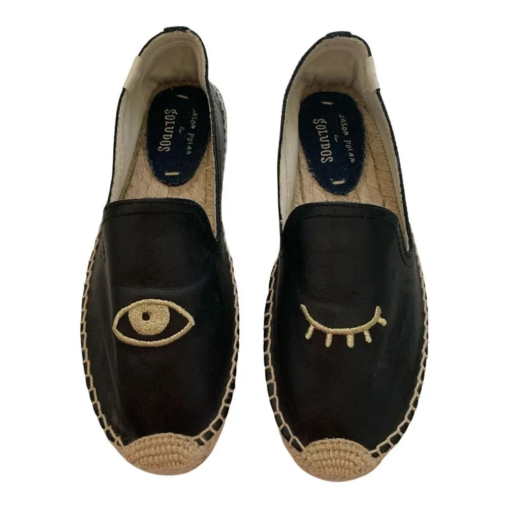 Soludos Winking Eye Espadrilles SZ 6 BlackFlat Jason Polan Canvas Shoes Blinking